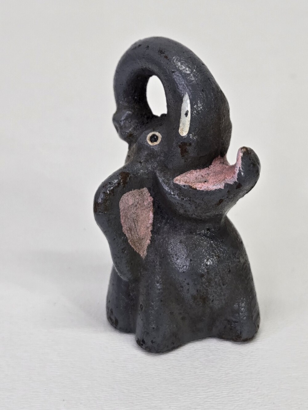 VTG Cast Iron Elephant Bottle Opener Figural Paperweight Trunk Up Pink Mouth #2